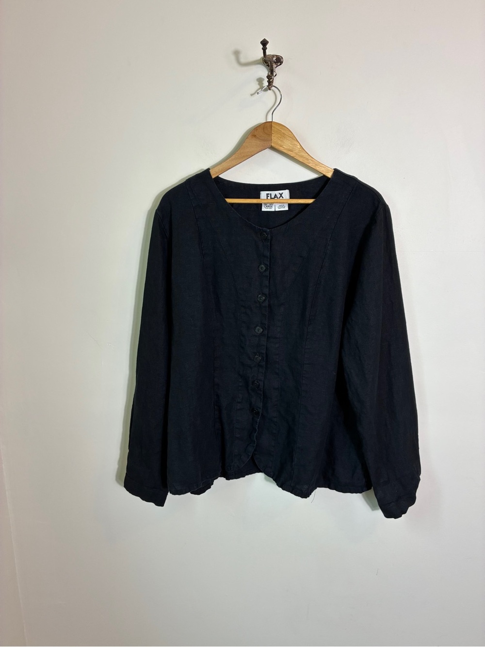 Flax Black Linen Button Up Long Sleeve Shirt Size L